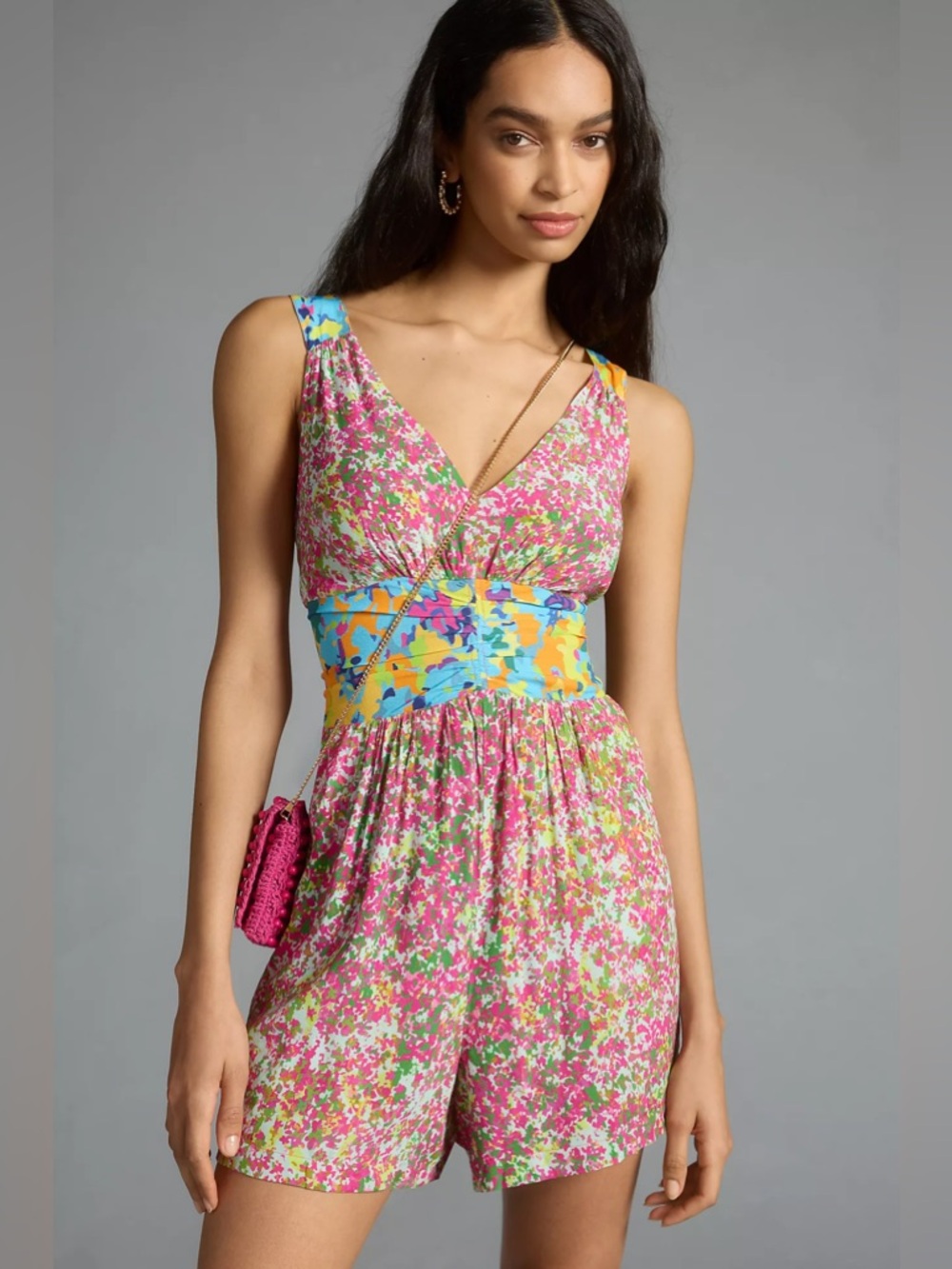 NWT Anthropologie Tracy Reese Tie-Back Romper Pink Blue Floral Pockets S Small